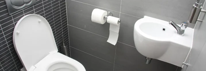 Modernes Badezimmer mit Toilette und Waschbecken.